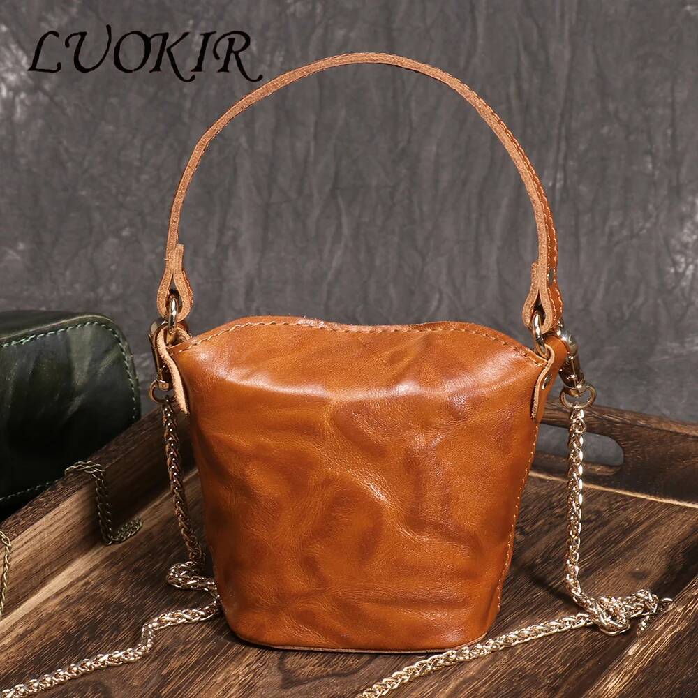 LUOKIR Genuine Leather Women's Chain Crossbody Vintage Handheld Shoulder Headphone Bag Top Layer Cowhide Coin Purse