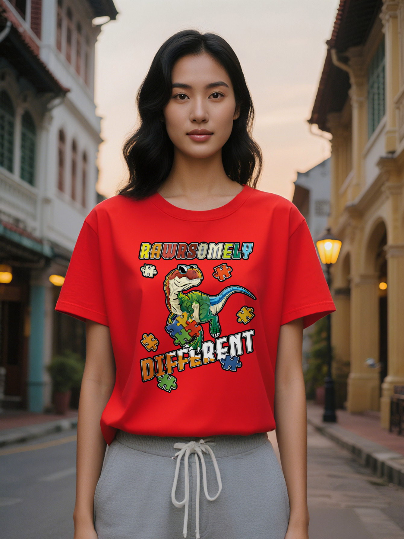 Large XL Women's Casual Graphic T-Shirt with Dinosaur Puzzle Block Print Black Round Neck Short Sleeve Tee Breathable Summer Top Plus Size