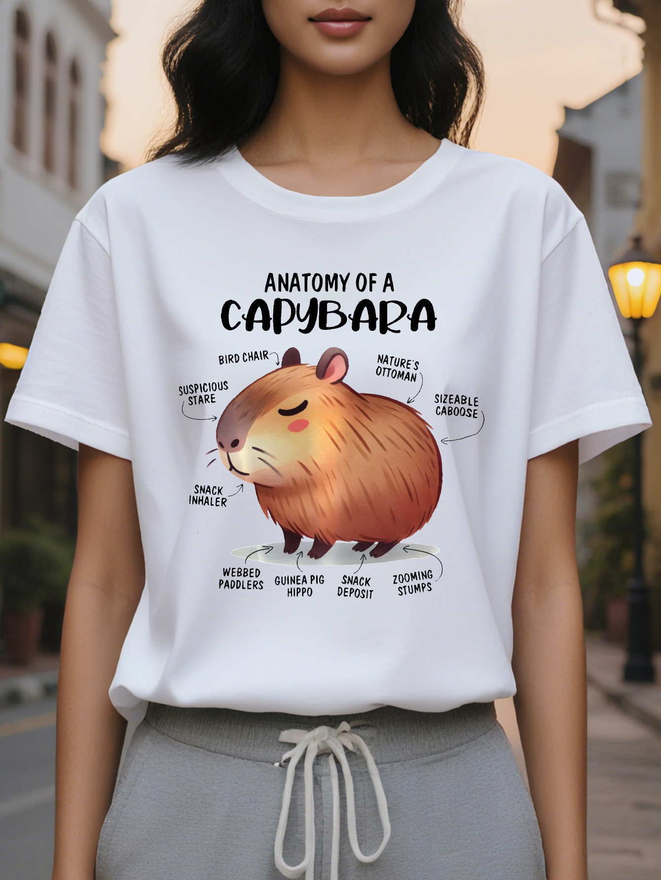 100% Cotton Ladies White Anatomical Pattern Short Sleeve T-Shirt Humorous Animal Design Round Neck Top Medium Elastic