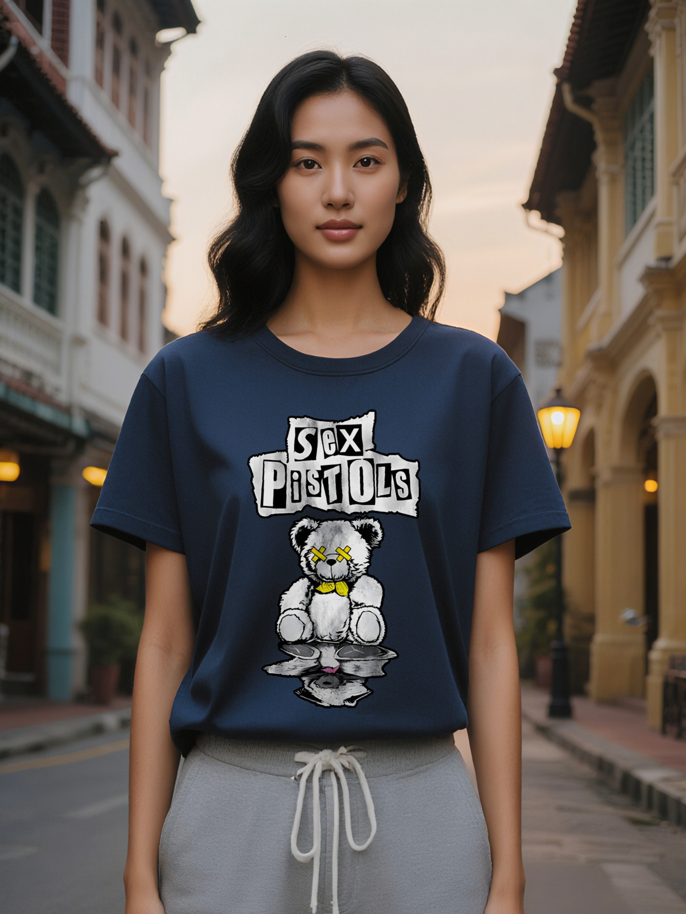 Lady Casual Versatile Round Neck T-Shirt Featuring Teddy Bear with Yellow Bow Print Perfect as a Gift for Women