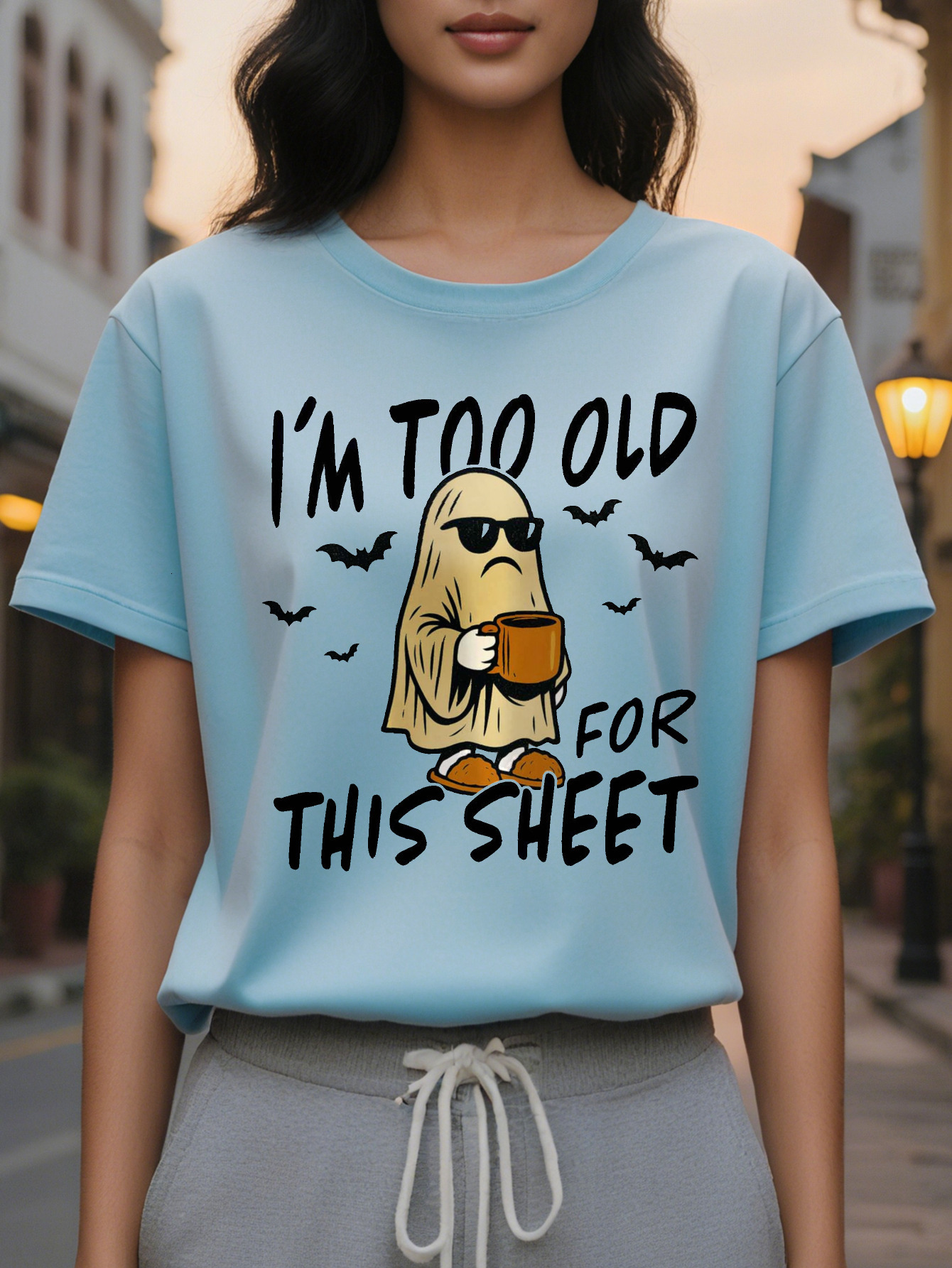 Women s I m Too Old to Fit This Sheet Pattern T Shirt White Crewneck Mystery Character Design Casual Daily and Party