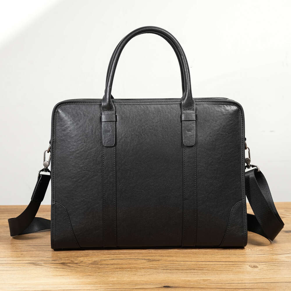 DHEssentials 2025 Spring Men's Top-Grain Leather Briefcase 14-inch Business Laptop Bag Handheld Shoulder Crossbody Black