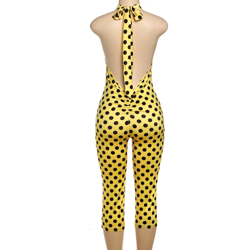 Polka Dots Print Lace Up Halter Backless Skinny Knee Length Jumpsuits Women Sexy Sleeveless Ruched Peach Hips Rompers Overalls 250904