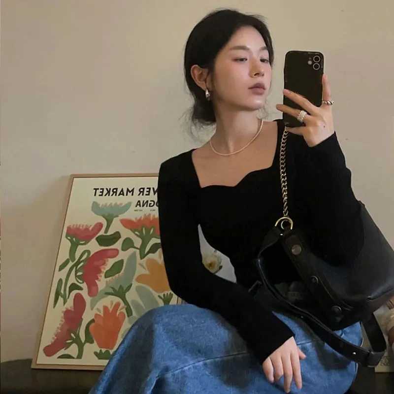 Knitted Pullovers Women Vintage Solid Sweaters Autumn Winter Korean Elegant Slim Knitwear Square Collar All Match Jumpers New M250904