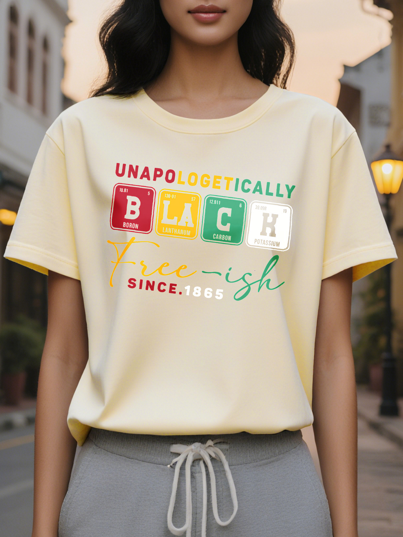 Large XL Women's Juneteenth Freedom Graphic T-Shirt Unapologetically Black Free ish Since Periodic Table Design Short Plus Size