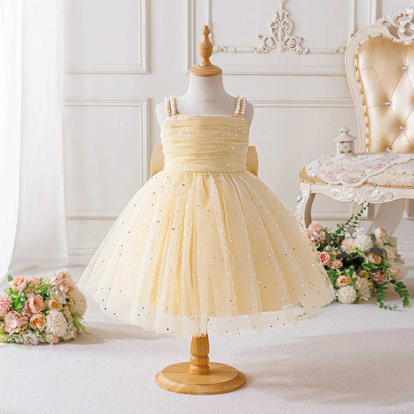 Elegant Shining Sequin Party Girl Dress Fashion Tulle Princess Birthday Prom Dresses for Kids Wedding Bridesmaid Evening Costume Z250904