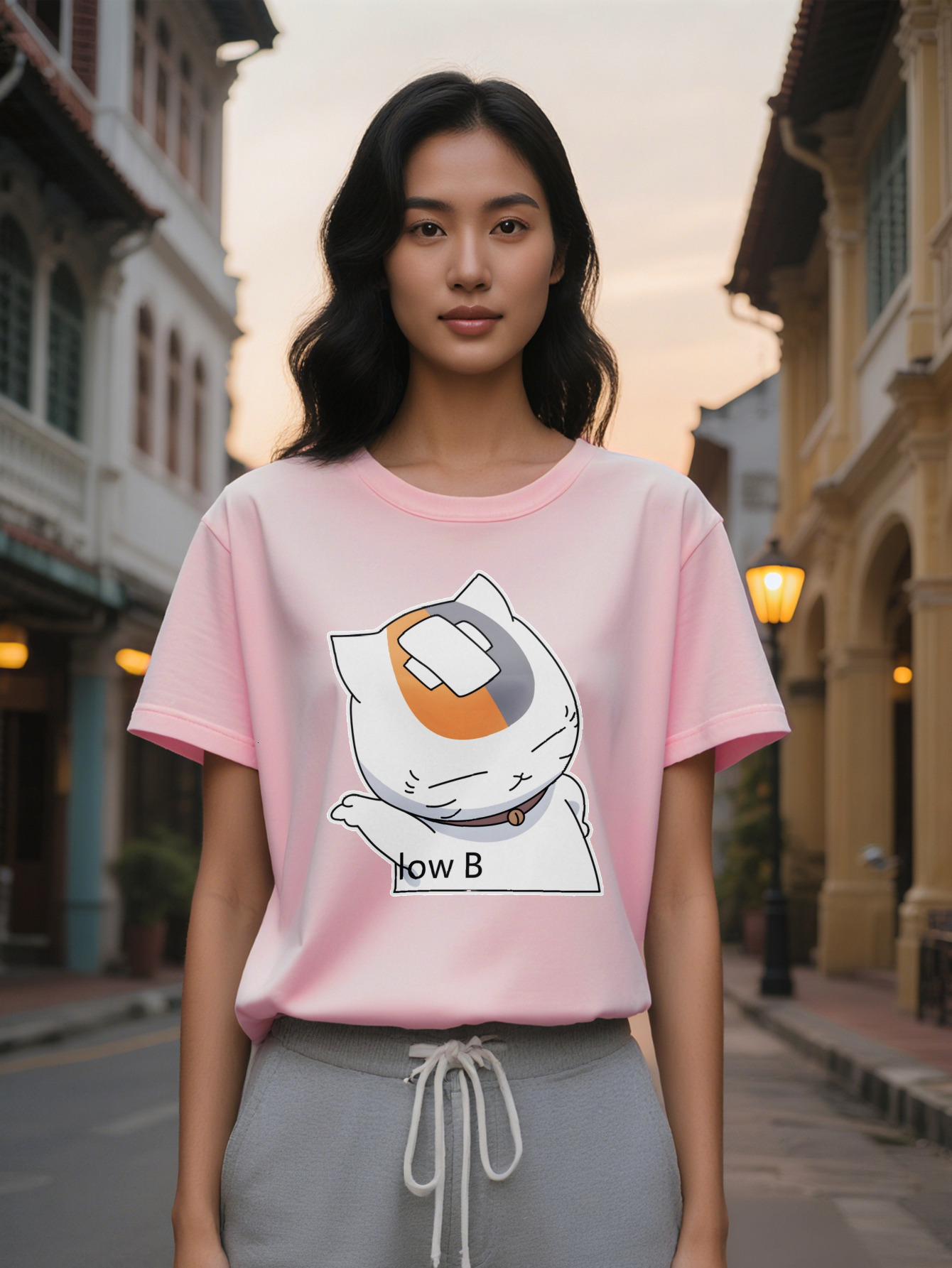 Large XL Lady Casual Versatile Round Neck T-Shirt Featuring Cartoon Cat with Orange and Gray Patch Prints Perfect as a Gift for Plus Size