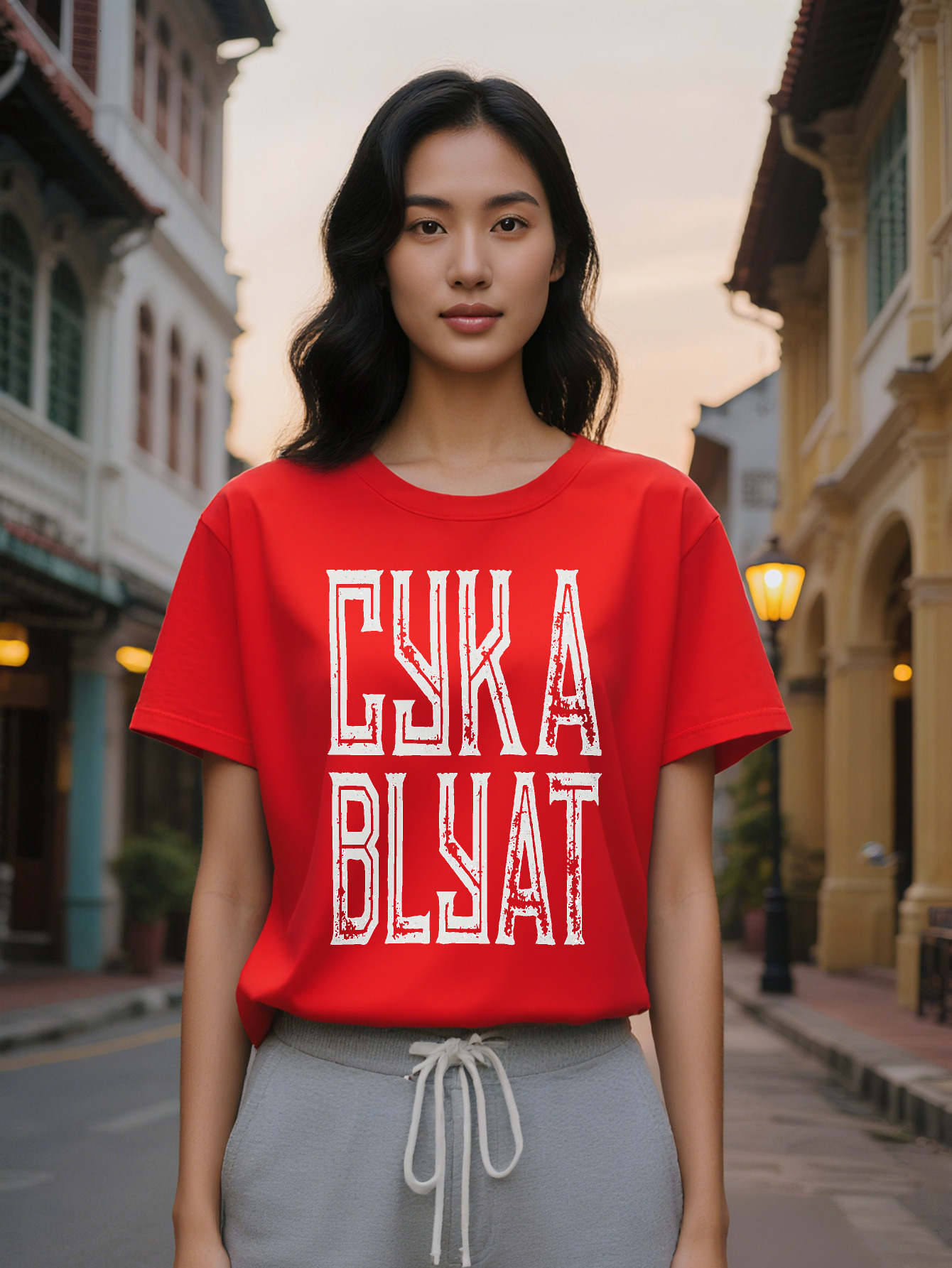 Lady Casual Crew Neck T-Shirt with Gyka Blyat Print Black Stretch Fabric Regular Fit Summer Style Ideal Gift for