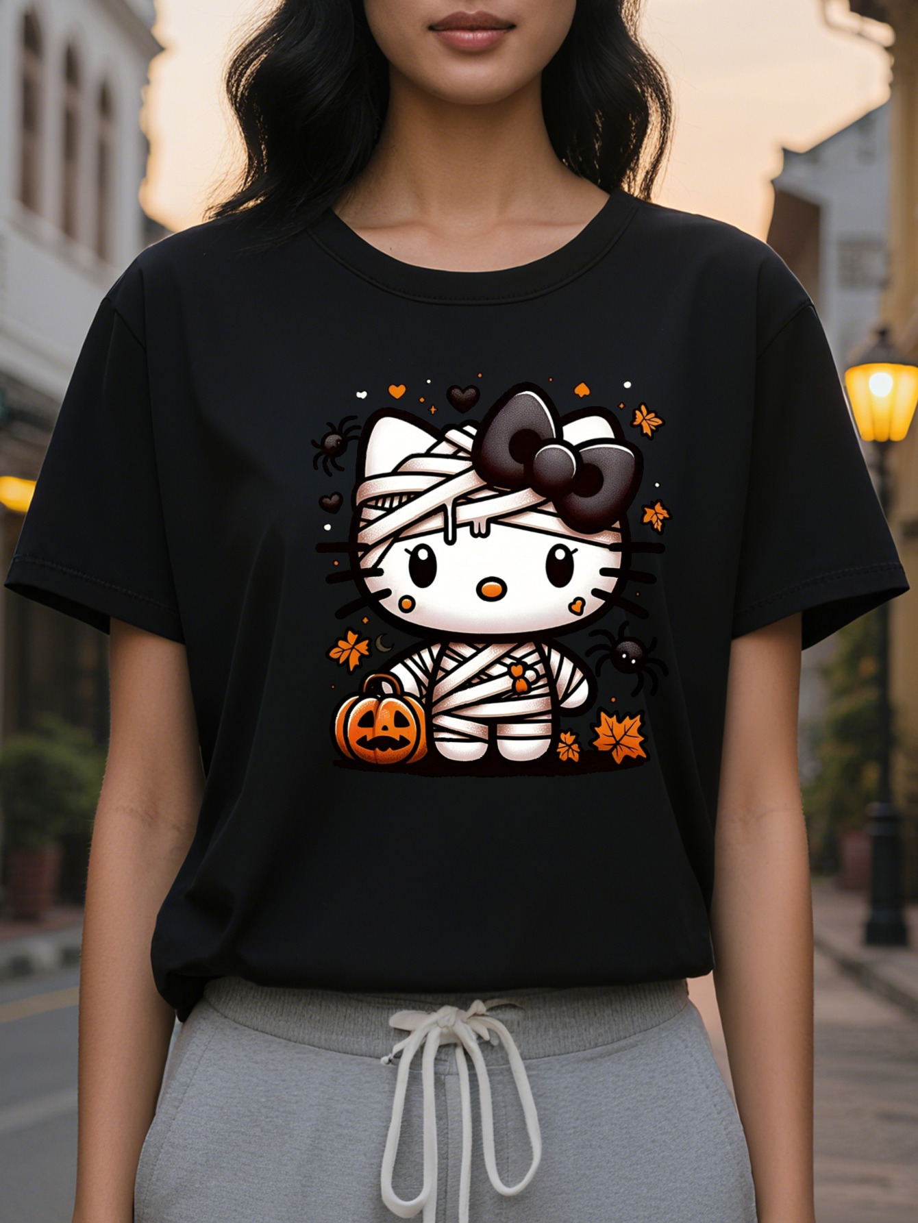 Orange Pumpkin Wrap Mummy Pattern T-Shirt for Women Teen Casual