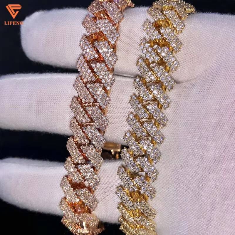 Lifeng Jewelry Miami Moissanite Cuban Link Chain Ice 2 Rows 3 Rows Men Women Sterling Silver Cuban Chain Bracelet