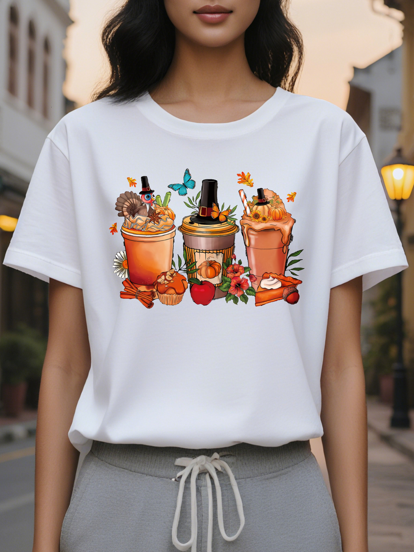 Large XL Women's White Thanksgiving Coffee Print T-Shirt Autumn Harvest Graphic with Pumpkins Leaves Turkey Design Plus Size