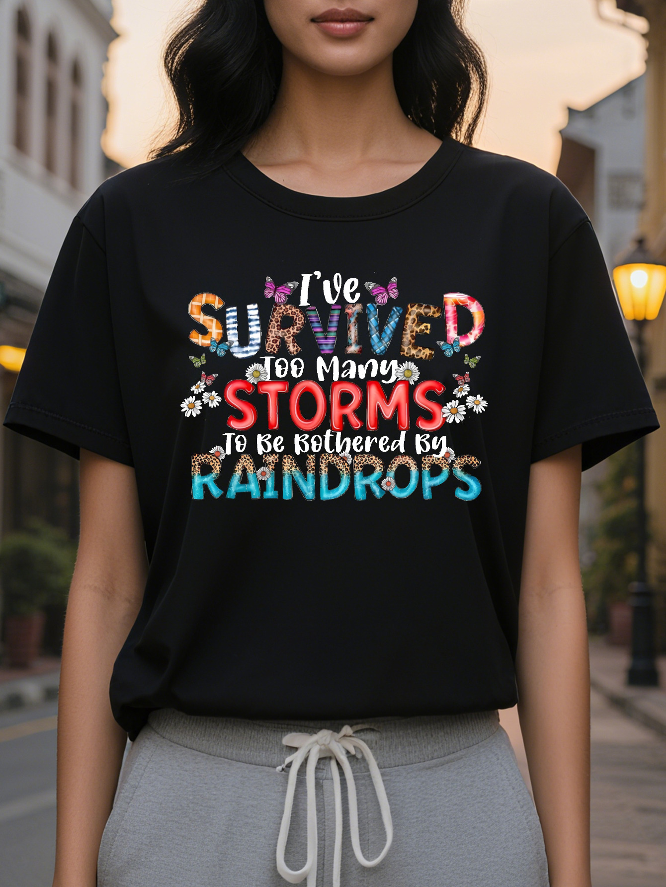 Women's I've Been Through Too Many Storms T-Shirt Black Round Neck Casual Top Colorful Letters Floral and Butterfly
