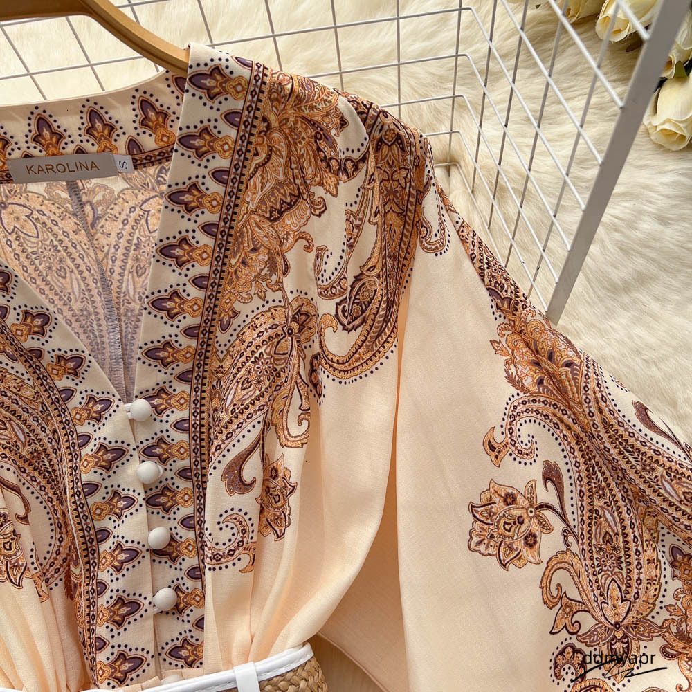 Basic Casual AELEWELL Women Dresses Spring Runway Fashion Paisley Print Vintage V Neck Long Lantern Sleeve Belted Mini Dress 230531 Ddmyday Ddmyday Dd