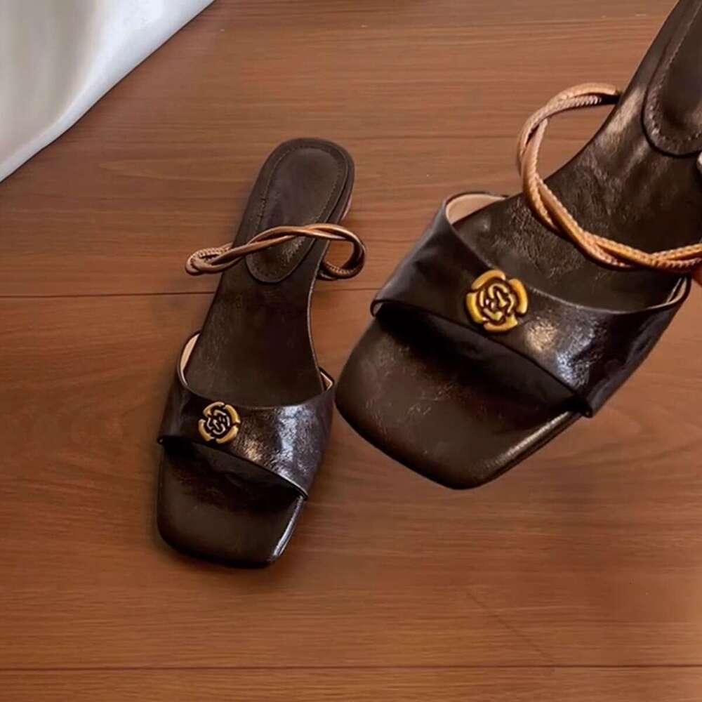 Sheepskin Version~ New Squ Toe Genuine Leather One-Strap Women's Outdoor Designer Shoe Open-Toe Camellia Low-Heel Sandals