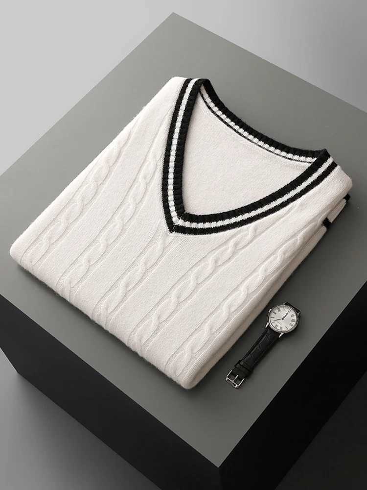 Chic Preppy Style Mens Pullover Vest Autumn Winter 100 Merino Wool Sleeveless Knitwear Thick VNeck Casual Sweater WaistcoatXJ250904