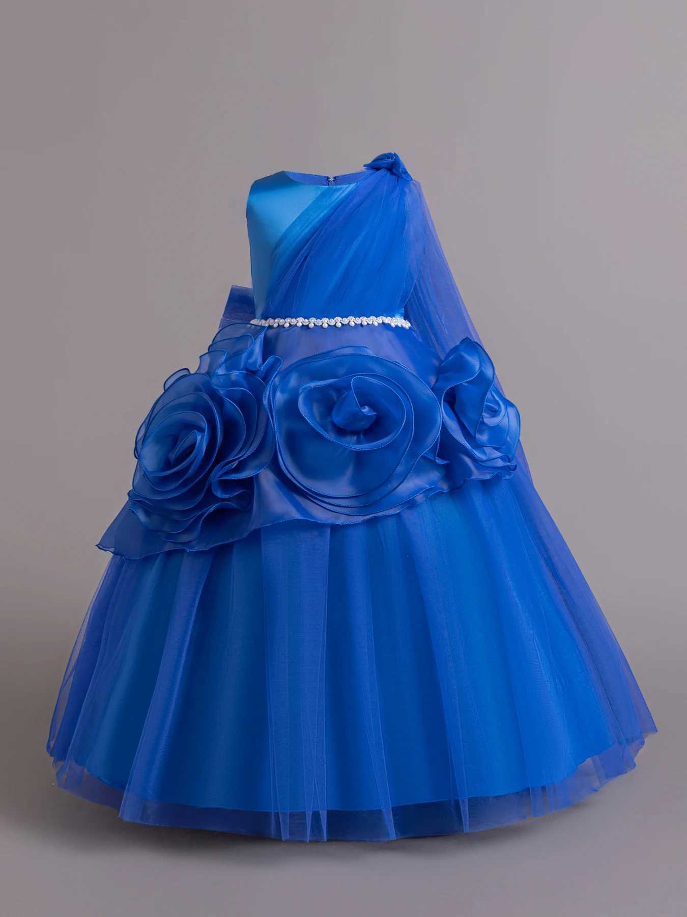 Pink / Blue Flower Sleeveless Childrens Dress Girls Mesh Fluffy Princess Dress for 3 to 12 Year Old Child Birthday Party Wear Z250904