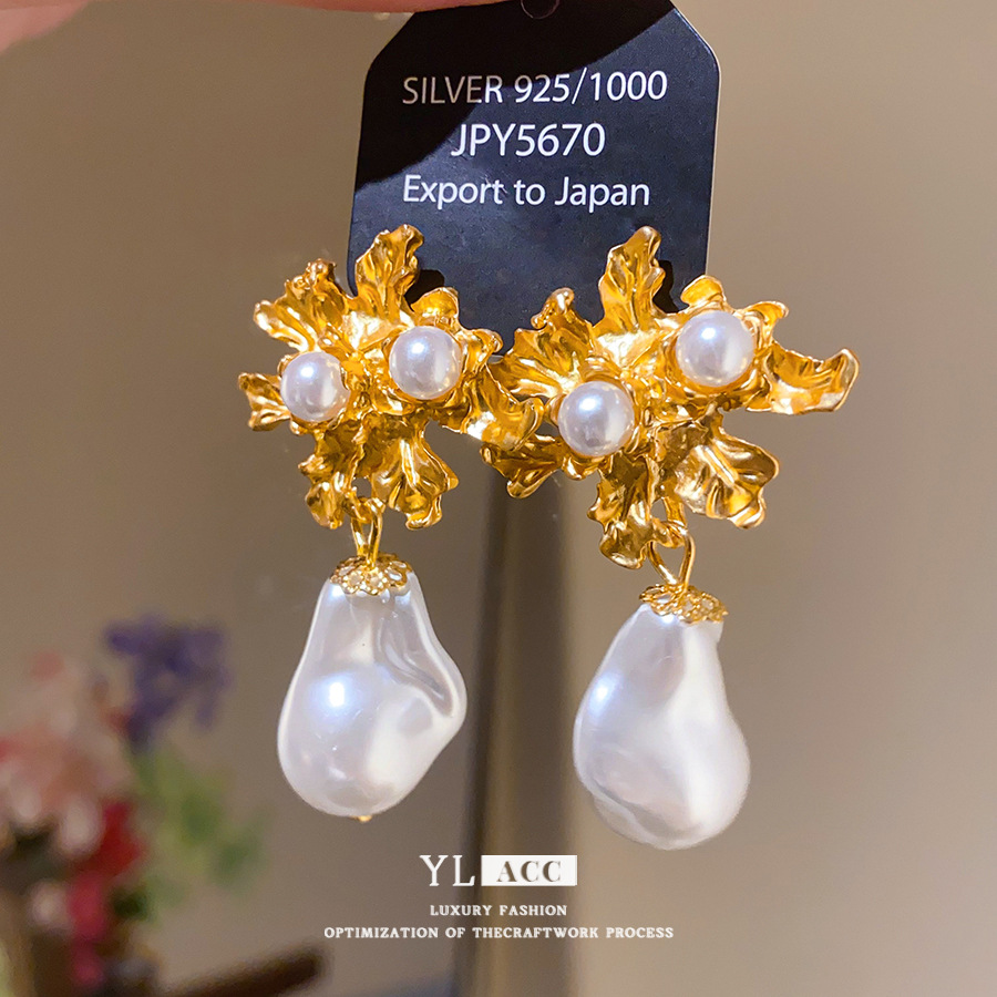 Gold Tone Floral Drop Earrings With Baroque Pearl & Round Pearl Detail Vintage Elegant Style Formal & Special Occasion Wear Gift For Her Luxury Jewelr