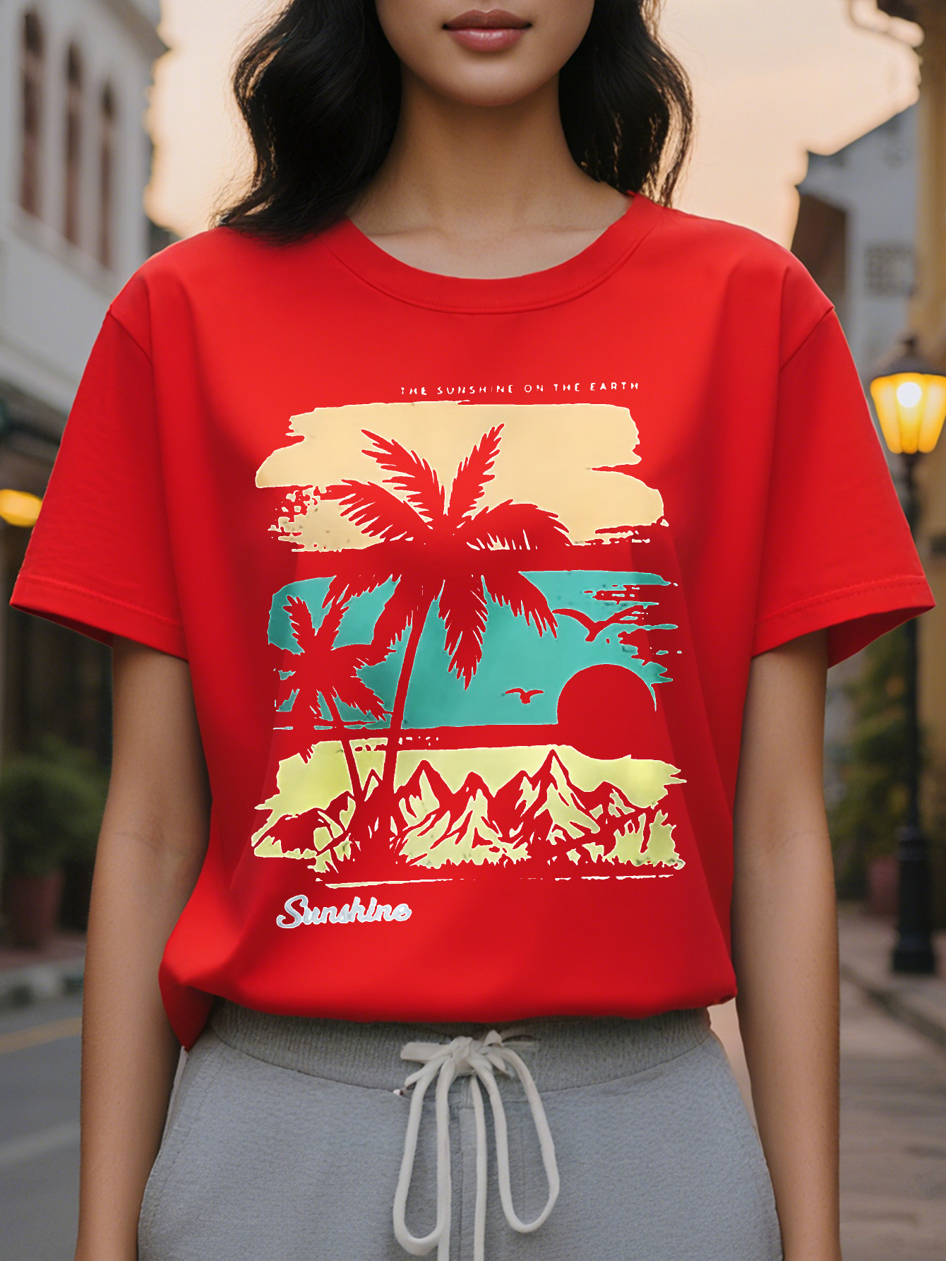 Women S Tropical Palm Tree Print Sleeveless Dress Casual Summer Style with SUNSHINE Graphic Black Round Neck