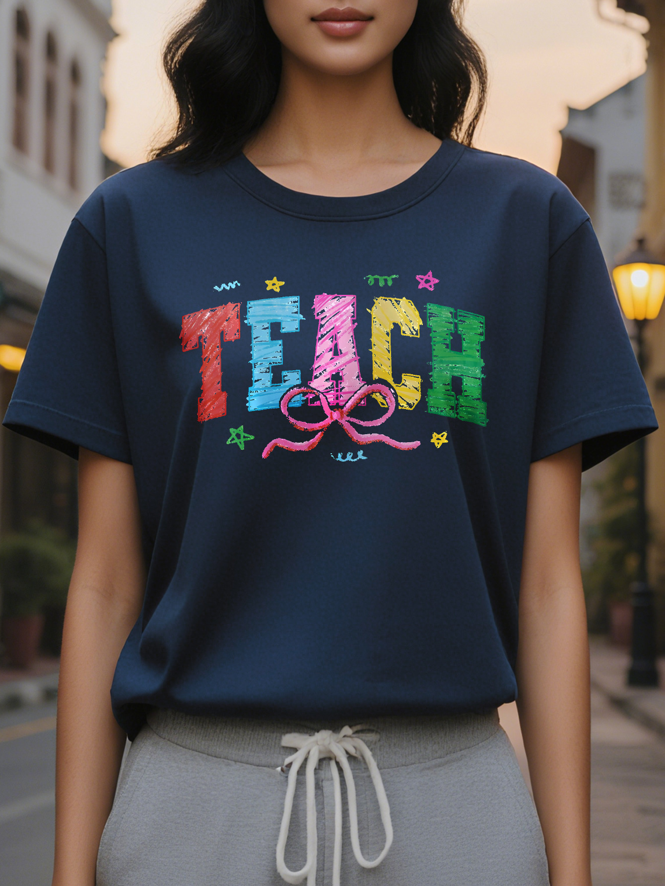 Women s Elegant Short Sleeve Round Neck Cotton Dress, Casual Top with Alphabet Pattern for Summer and Spring