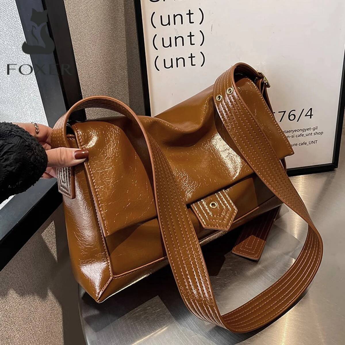 FOXER 2025 Autumn Winter New Women's Shoulder Simple Large Tote Split Leather + PU Female Soild Crossbody Bag Purse