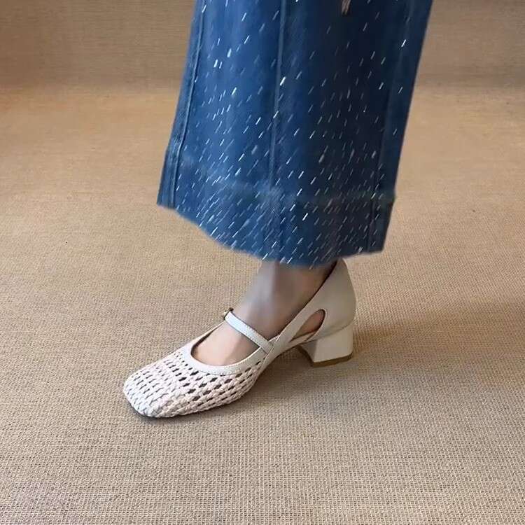 New Chunky Designer Shoe Heel Sandals for Women Woven Hollow Strap Squ Toe Genuine Leather Fashionable Single Shoes