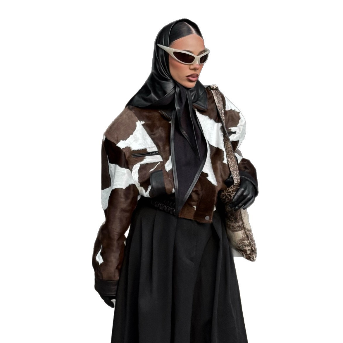 American Street Style Design Cow Pattern Leather Niche Hoodless Versatile Short Jacket Womens Trendy Fashion