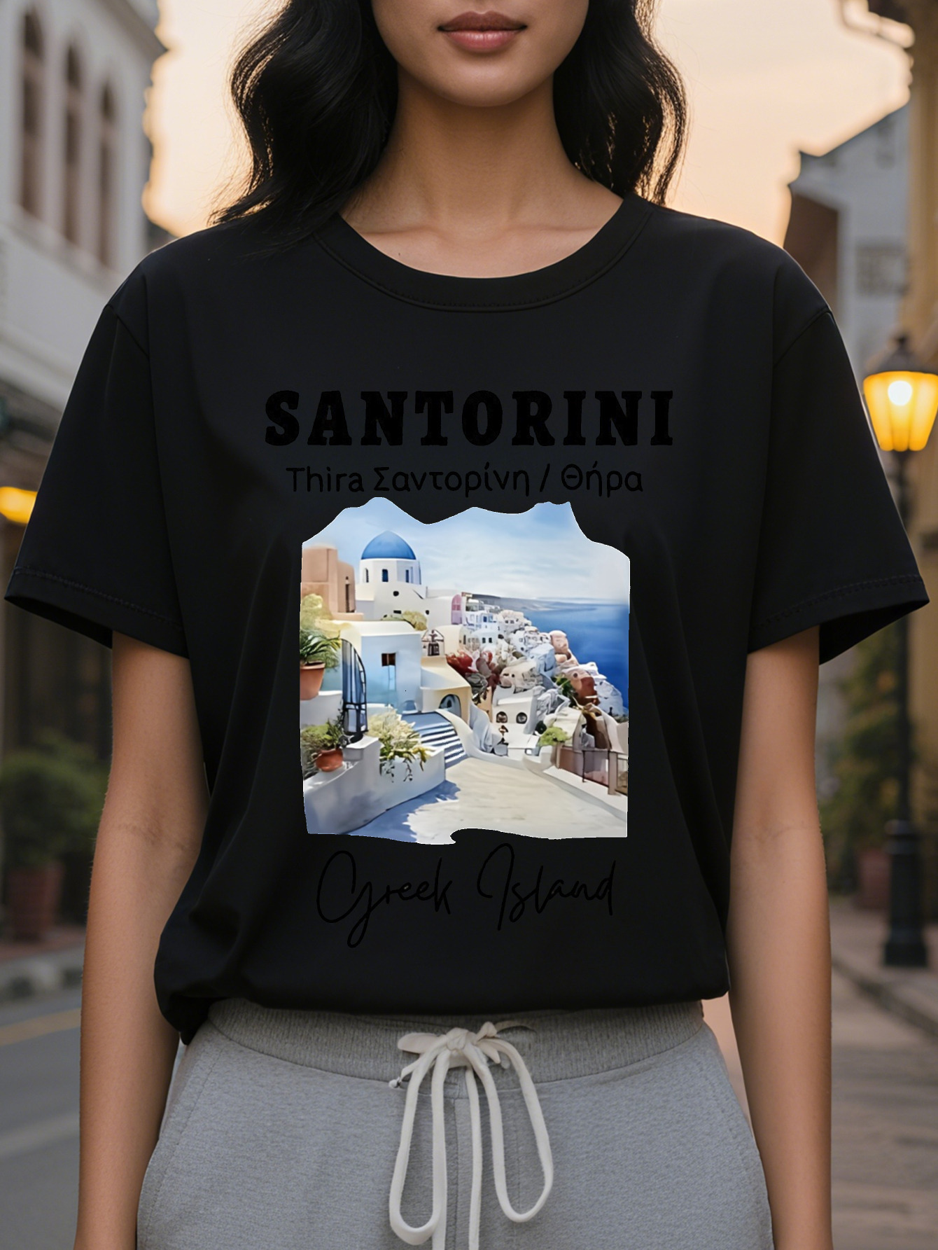 Women's Santorini Print T-Shirt Short Round Neck Casual Top Greek Island Translucent Summer Shotgun Washable