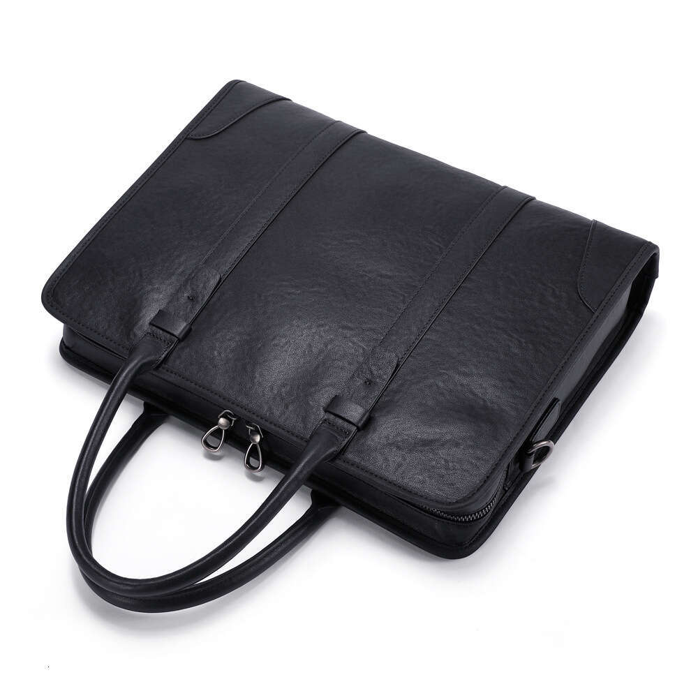 DHEssentials 2025 Spring Men's Top-Grain Leather Briefcase 14-inch Business Laptop Bag Handheld Shoulder Crossbody Black