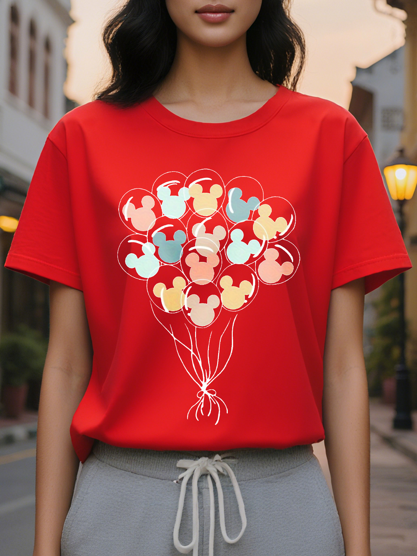 Vibrant Balloon Pattern Crew Neck Short Sleeve T-Shirt Soft Breathable Casual Wear Spring Summer Women's Relaxed