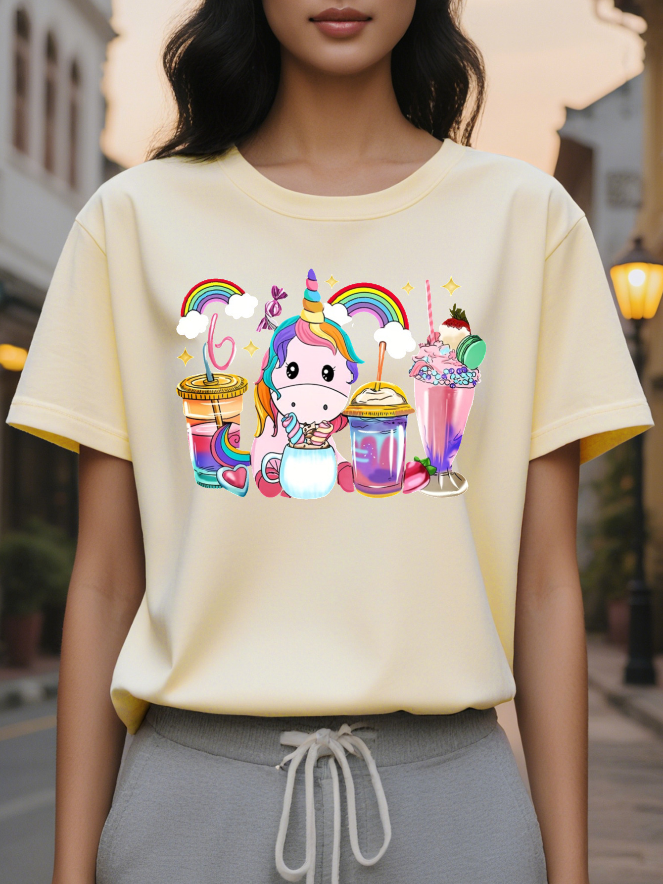 Large XL Vibrant Rainbow Unicorn Graphic Tee Soft Mid Elasticity Cotton Crew Neck Short Sleeve Top Women Perfect for Summer and Plus Size