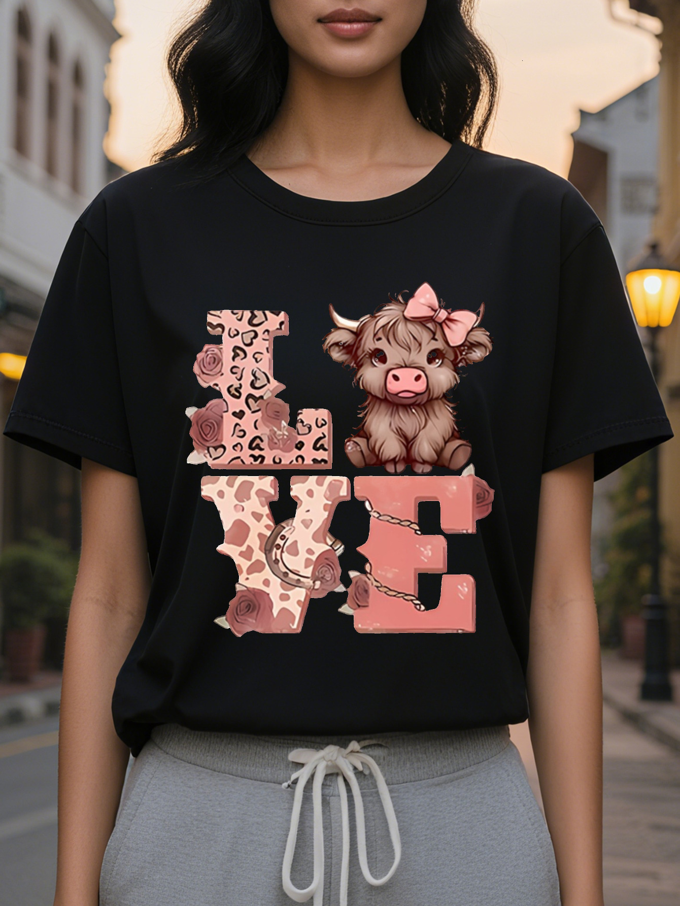 Women's Slim LOVE Pattern T-Shirt Black with Pink Cow Print Translucent Crew Neck Short Sleeve Spring and Wear