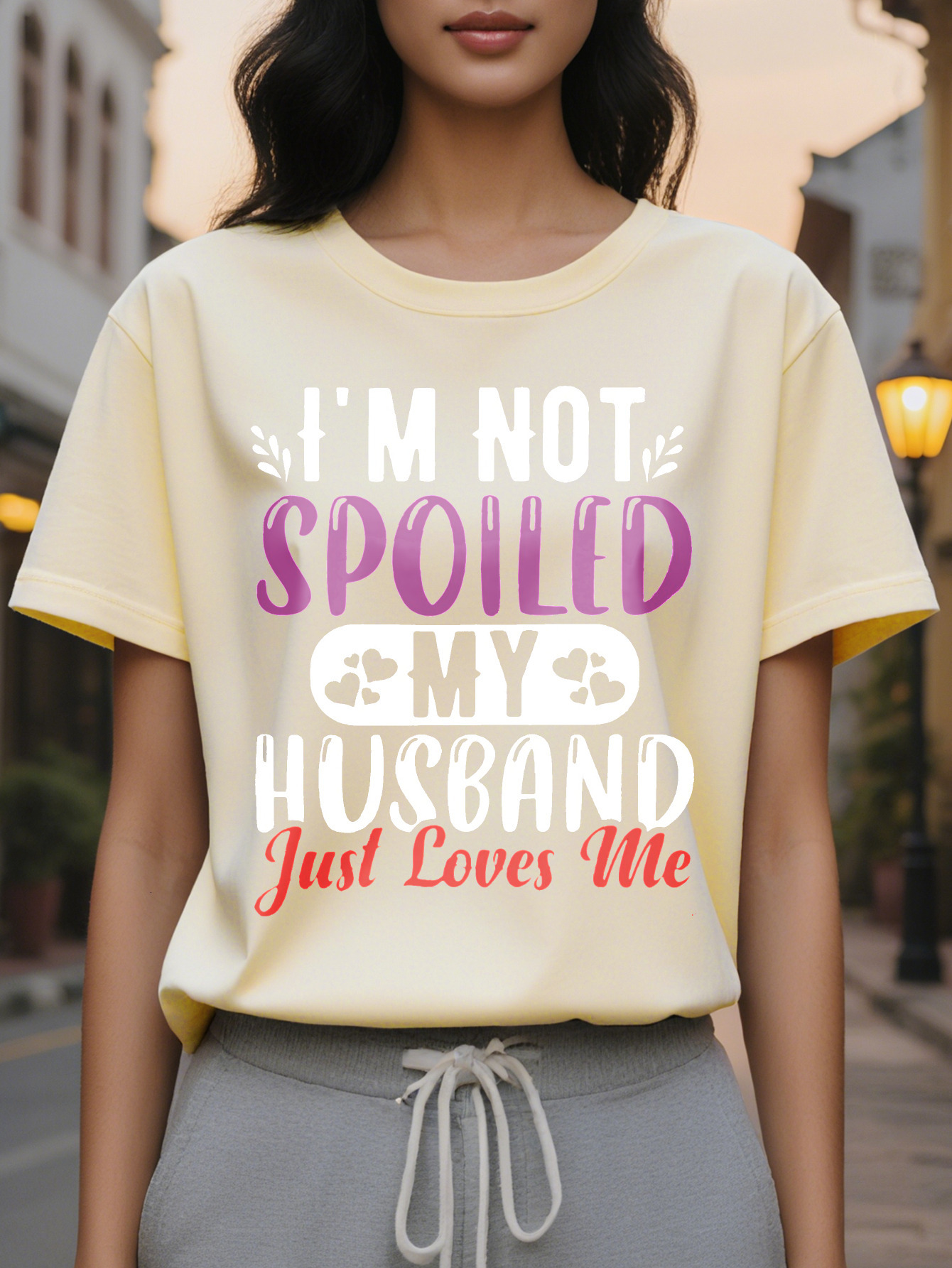 Large XL Women S V Neck T-Shirt I'm Not Spoiled My Husband Just Loves Me Graphic Print Short Sleeve SpringSummer Tee in Heather Plus Size