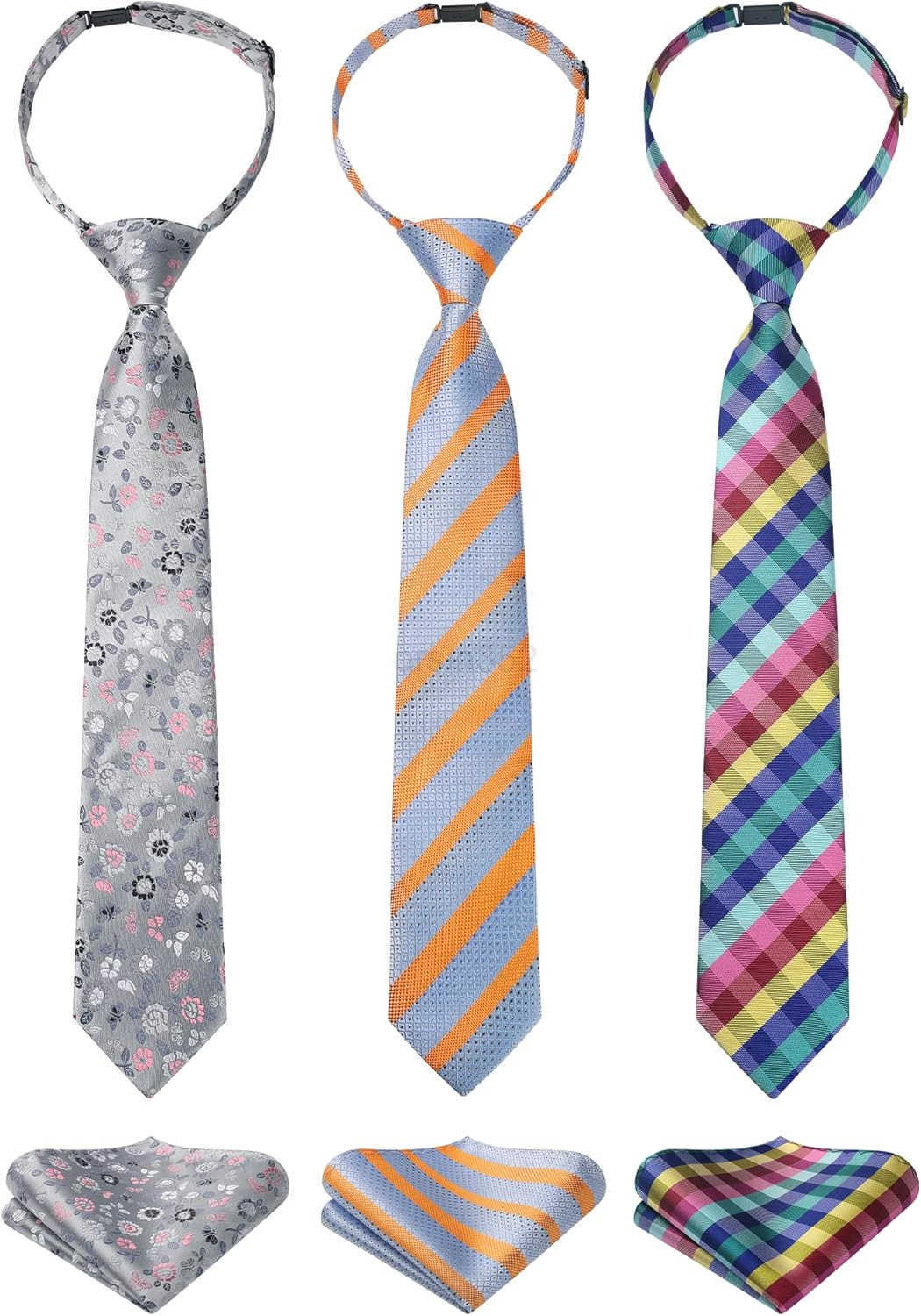 3pcs Boys PreTied Neckties Pocket Square Set Neck Strap Tie for KidsW250904