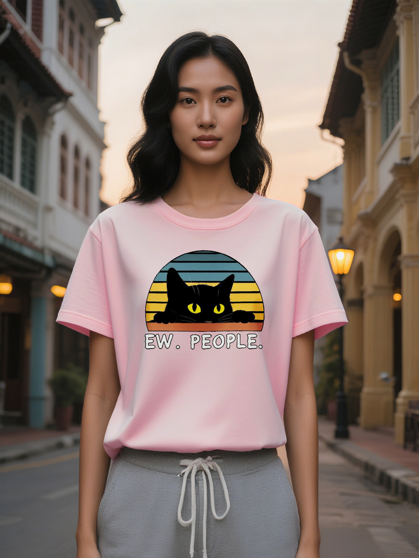 Large XL Women's Casual Crew Neck T-Shirt Black Slight Stretch Vintage Anime Cat Graphic Print Summer Short Sleeve Tee with Plus Size