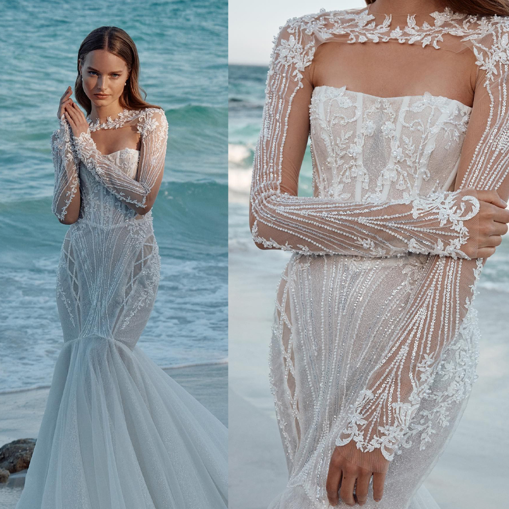 Fashion Mermaid Wedding Dress Sequins Appliques Bridal Gowns Jewel Neck Long Sleeves Sweep Train Dresses Custom Made vestidos de novia
