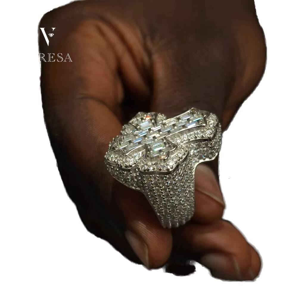 Mens Luxury 925 Sterling Silver Baguette Cut Cross Ring Custom Hip Hop Style VVS Moissanite Diamond Ring