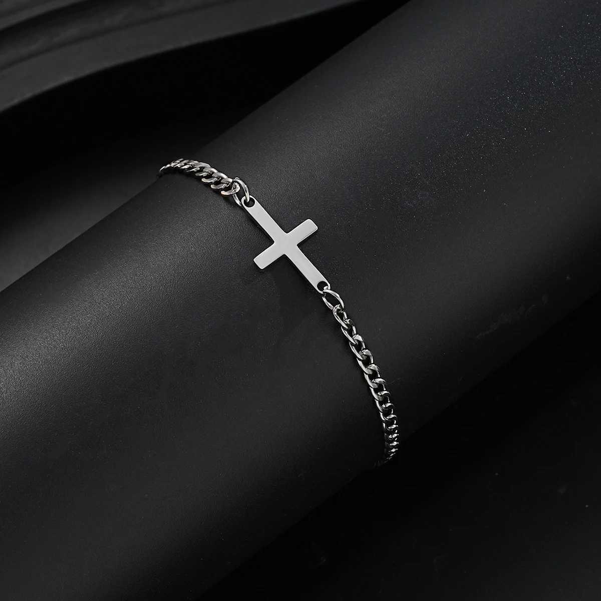 Simple Mens Stainless Steel Cross Cuban Bracelets Punk Silver Color Charm Bracelet Fashion Hip Hop Daily Jewelry Accessory 2025 W250904