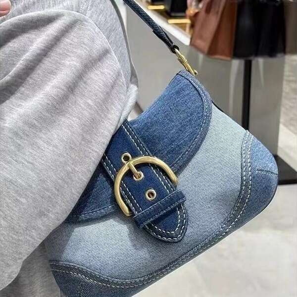 Denim Underarm for Women New High-end French Splicing Canvas Pea Single Shoulder Baguette Bag