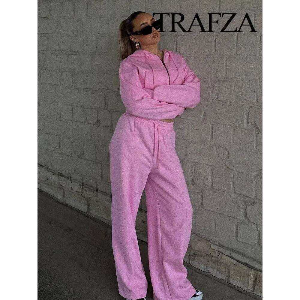 TRAFZA Women Hoodie Pant Sets Fashion Zipper Pocket Long Sleeve Casual Jacket Coat Woman Loose Elastic Waist Drawstring Trousers