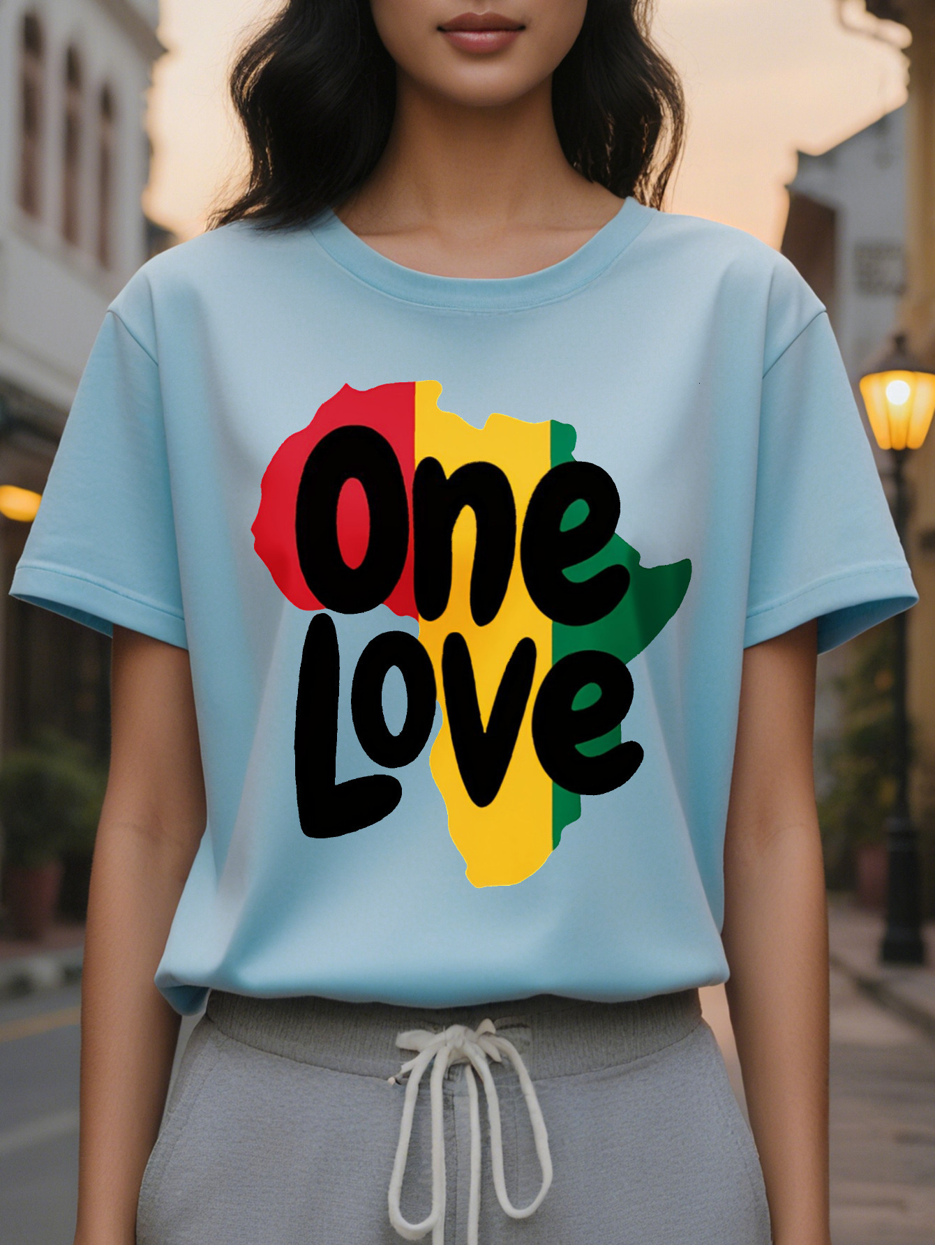 Large XL Juneteenth One Love Africa Map Graphic Print T-Shirt Women's Casual Short Sleeve Crew Neck Top with Pan African Plus Size