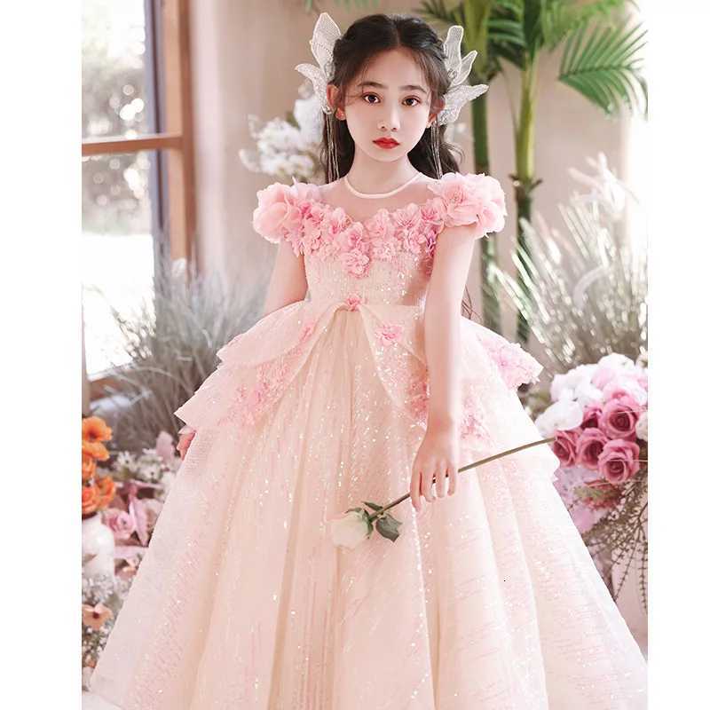 Girls Pink Host Dress Princess Dress Children High-end Affordable Luxury Niche Flower Girl Piano Playing Performance Costume Z250904