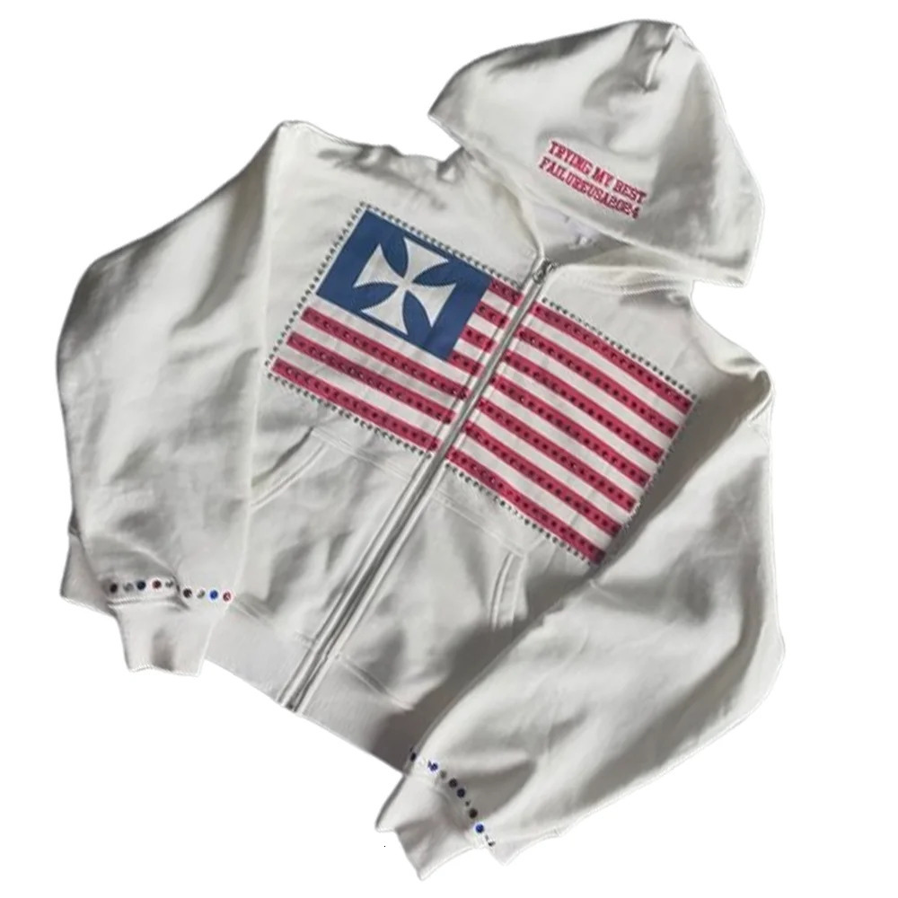 Street American Hoodie Y2K Zipper Jacket Men Women Harajuku Hip Hop Gothic Rhinestone Oversized Hoodie Sweatshirt Casual Clothes 250815