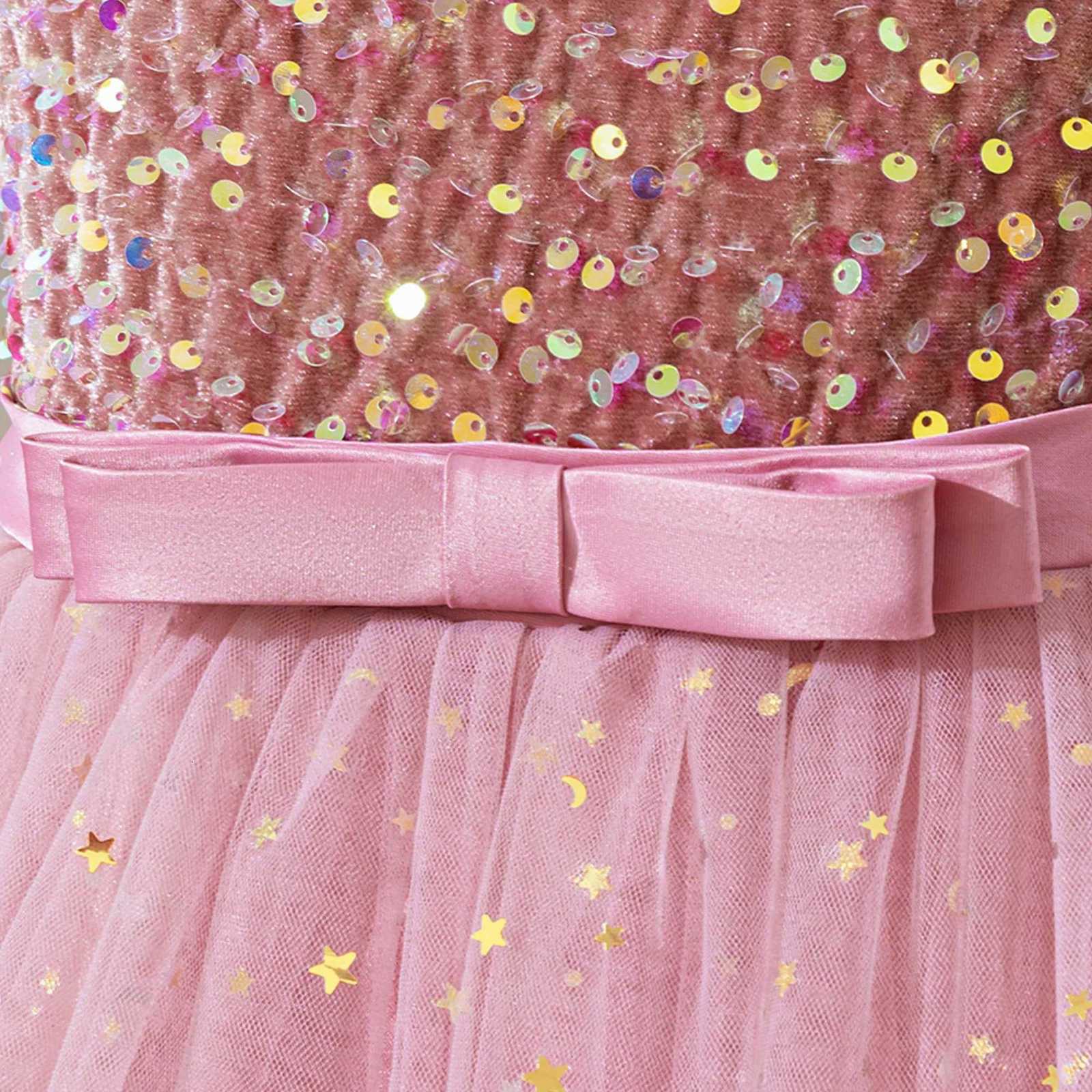 Elegant Bow Sequin Bridesmaid Party Girls Dress Fashion Tulle Wedding Baptism Princess Prom Dress for Girl Birthday Evening Gown Z250904