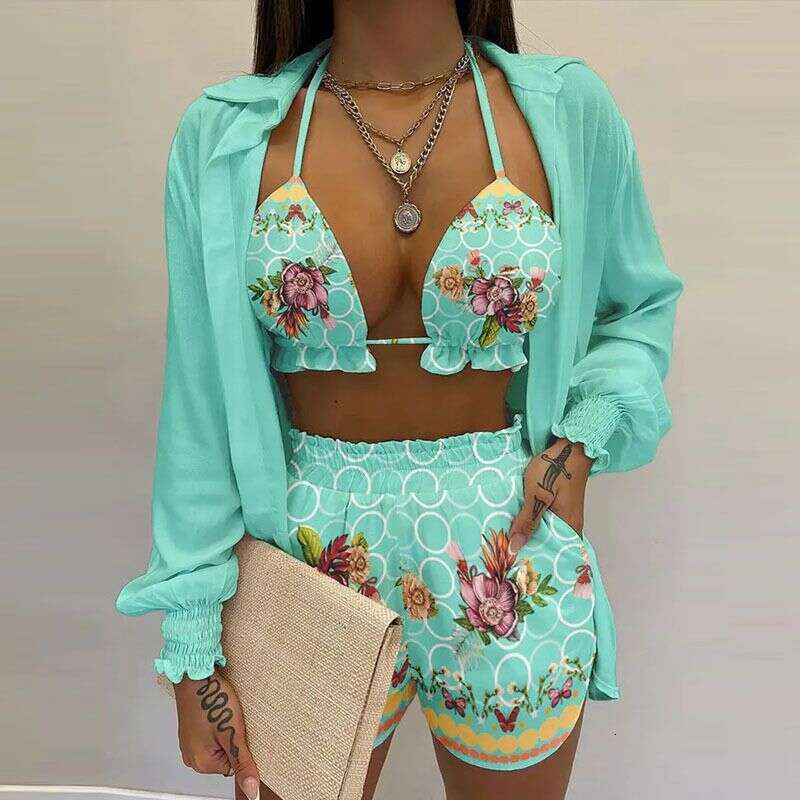 Clothing Women's Sexy Three Piece Suit Spring Beach Fashion Shorts Set
