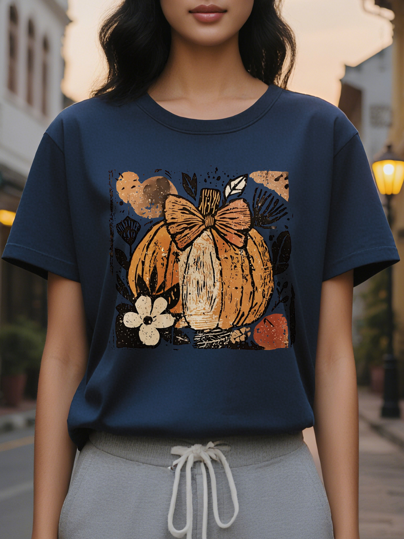 Large XL Women's Creamy White Halloween Print Sweatshirt Pumpkin Leaf Design with Plaid Bow Accent Cozy Round Neck Pullover Plus Size