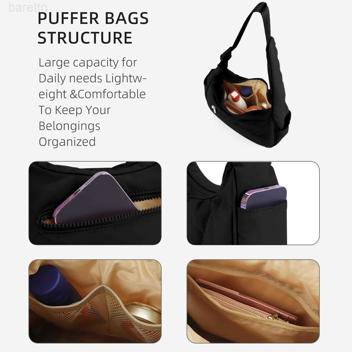 Quilted Puffer Tote Bag for WomenSmall Puffer Crescent Shoulder BagQuilted Nylon Crossbody Bag with Adjustable Strap M250903