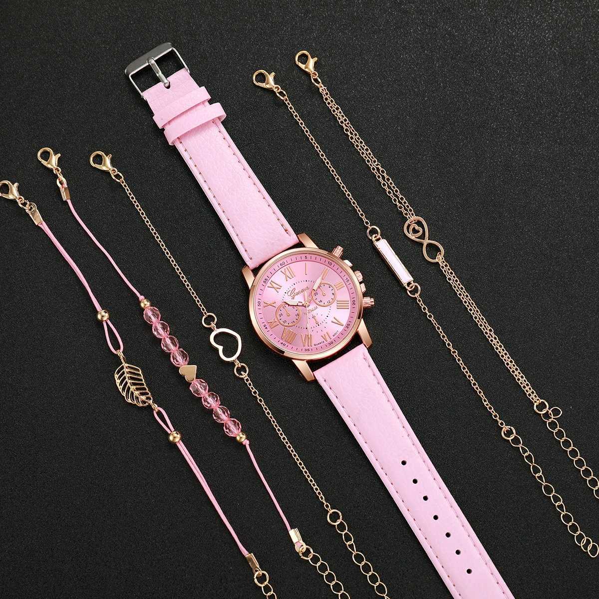 6PCSSet Wens Watch Fashion Ra Dial Fem Leather Band Quartz Watch Bracelets SetWithout Box X250904