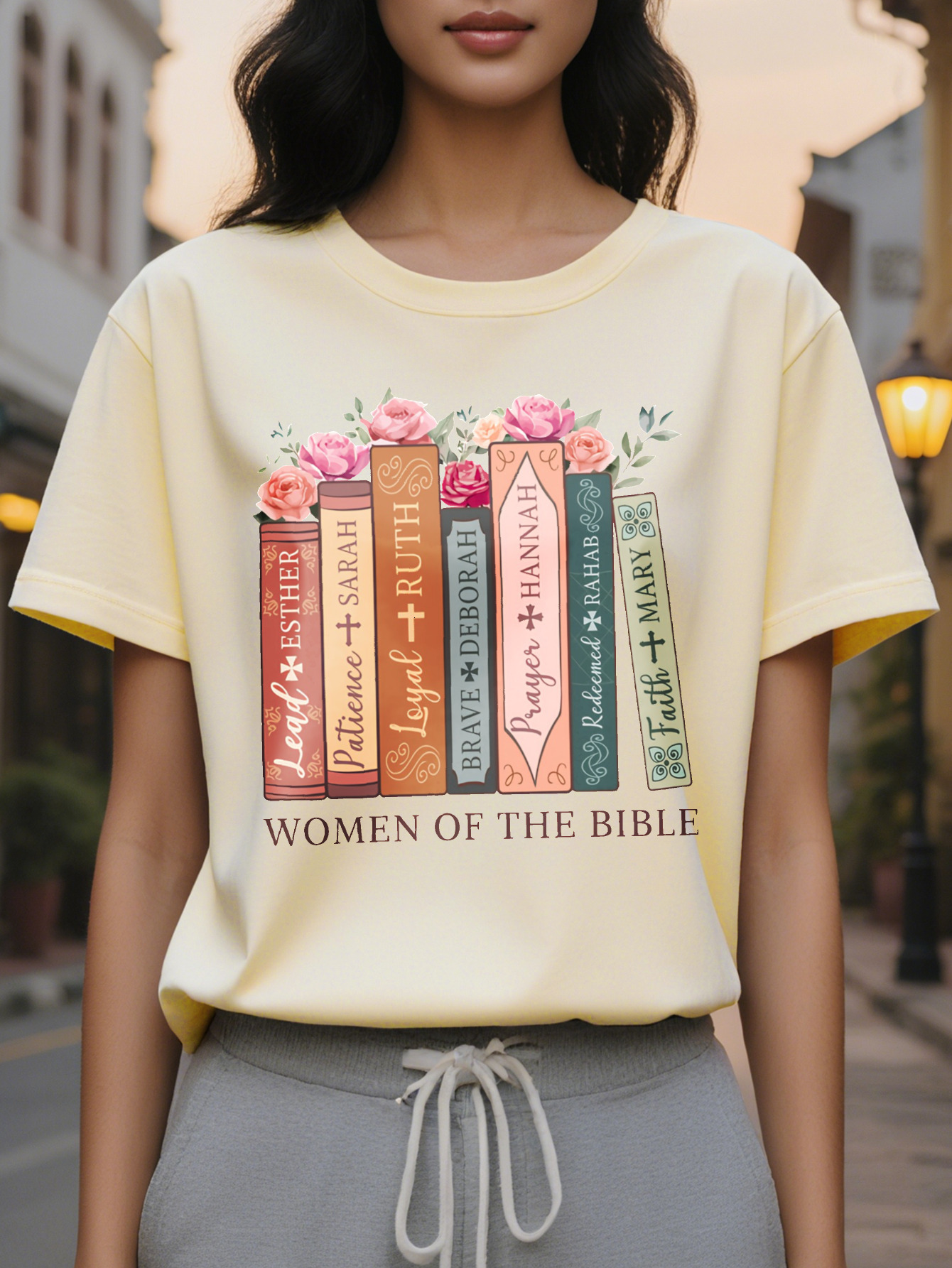 Large XL Pink Cotton Women's Inspirational Women of the Bible Floral Graphic Tee Casual Round Neck Short Sleeve T-Shirt with Book Plus Size