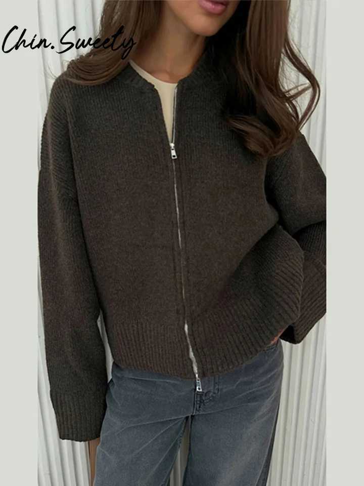Vintage Knit Women Cardigan Casual Full Slve Zipper O Neck Pleated Solid Lady Sweater 2025 Autumn Fashion Female Knitwear S250904
