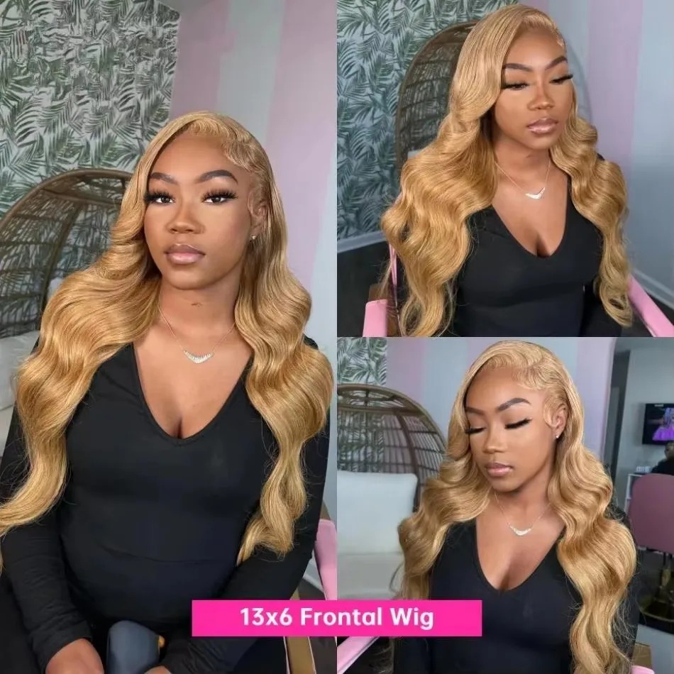 Honey Blonde Colored Body Wave Human Hair Wigs 13x6 Hd Lace Frontal Wig Color 27 Pre Plucked Water Wave High Density 13x4 Transparent Lace Wigs for Wo